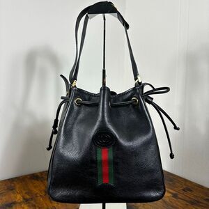Gucci Vintage Bucket Bag Black Leather Red Green Stripe Interlocking G Sherry